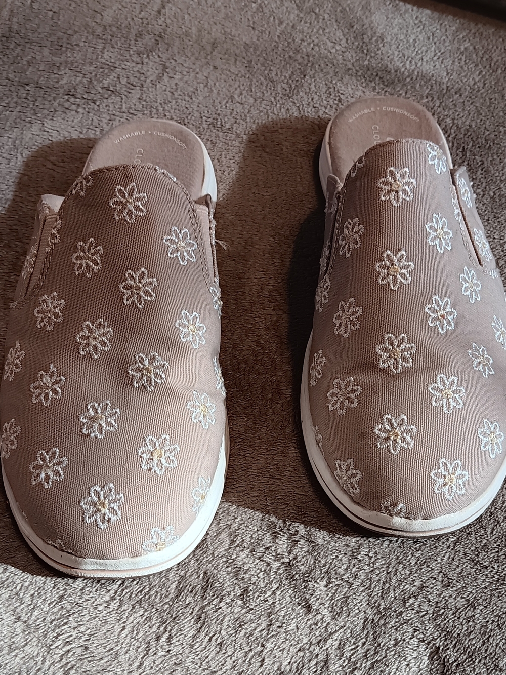 Cloudsteppers by Clarks Taupe Slip-On Mules with White Floral Embroidery